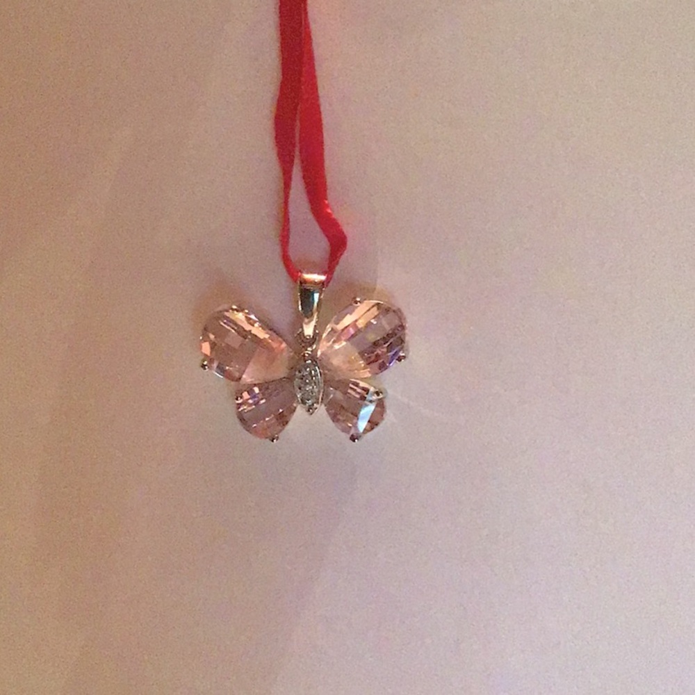 New Sterling Silver Butterfly Pendant, Baby Pink faceted CZ, round CZ accents